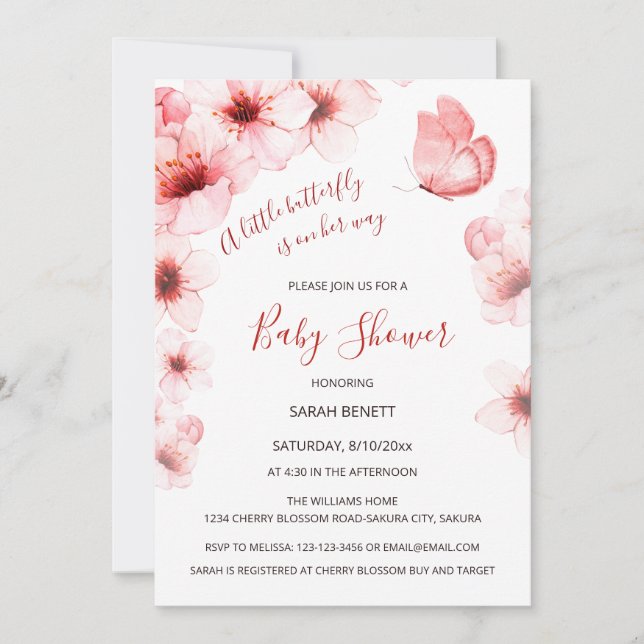 QR Code Cherry Blossoms Watercolor Baby Shower Invitation (Front)