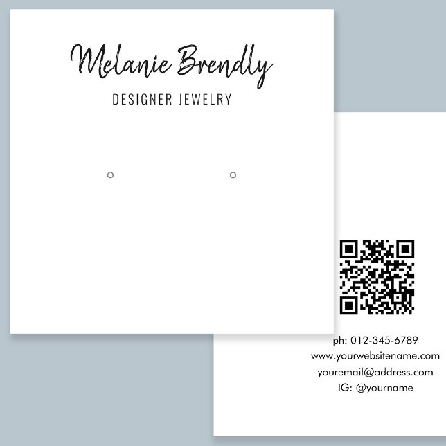 QR Code Chic Black White Jewellery Earring Display Square Business Card (Stylishly Personalize with Your Custom Name, QR Code & Business Contact Information.)
