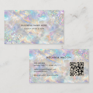 QR Code Chic Holographic Glitter Irediscent Opal Business Card
