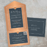 QR CODE chic navy copper gold online RSVP wedding All In One Invitation<br><div class="desc">Classy elegant luxurious metallic copper gold wedding invitation with ONLINE QR CODE to website rsvp instructions featuring geometric shapes and diamond pattern with a white modern hand lettered typography script on a midnight blue background. Personalise it with your details, CODE, website address and couple's names initials monogram! Suitable for luxury...</div>