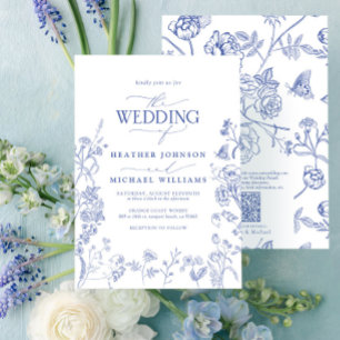 QR Code Chinoiserie French Blue Floral Wedding Invitation