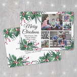 QR Code Christmas Holly Greenery 5 Photo Collage Holiday Card<br><div class="desc">This year celebrate the joyful wonders of modern technology with a fun interactive QR code photo collage holiday card. Share five of your favourite pictures as well as an online video message, song, photo album, or other website. All text on this template is simple to customise to include any wording,...</div>
