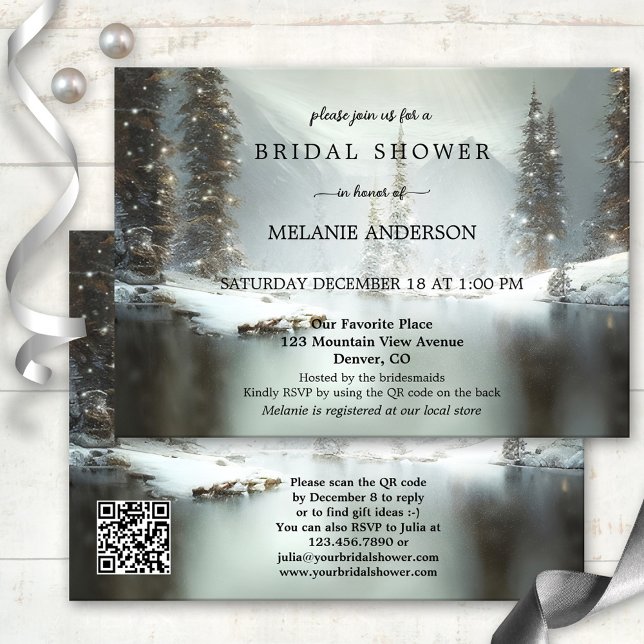 QR Code Christmas Winter Bridal Shower Invitation (Winter bridal shower invitation featuring a snow covered mountain landscape with sparkling lights )