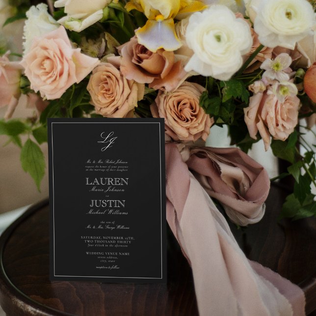 QR Code Classic Black & White Monogram Wedding Invitation (Creator Uploaded)