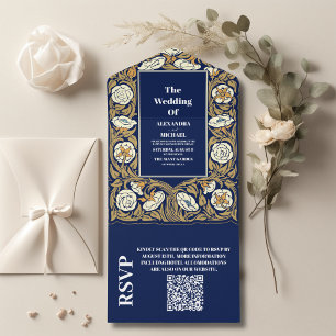 QR Code Classic Blue Art Nouveau Wedding All In One Invitation