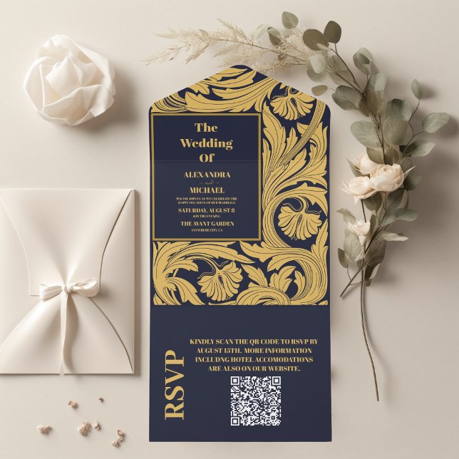 QR Code Classic Blue Art Nouveau Wedding All In One Invitation (Creator Uploaded)
