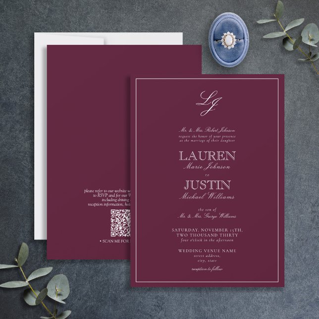 QR Code Classic Burgundy Script Monogram Wedding I Invitation (Creator Uploaded)