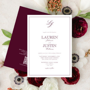 QR Code Classic Burgundy Script Monogram Wedding Invitation