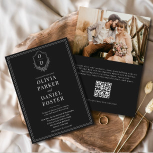 QR Code Classic Crest Black & White Photo Wedding Invitation
