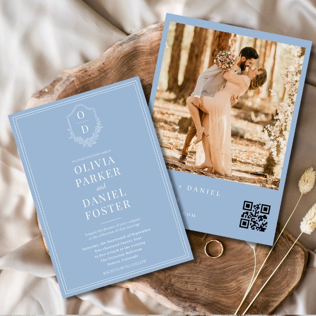 QR Code Classic Crest Dusty Blue Photo Wedding Invitation (Creator Uploaded)