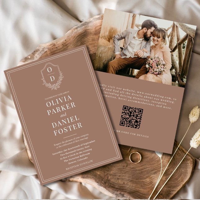 QR Code Classic Crest Mocha Brown Photo Wedding Invitation (Creator Uploaded)