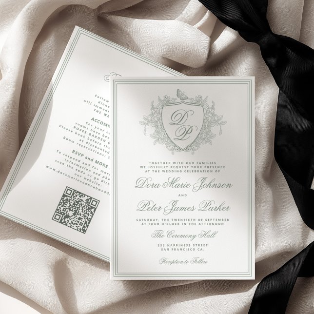 QR code classic crest monogram sage green wedding Invitation (Creator Uploaded)