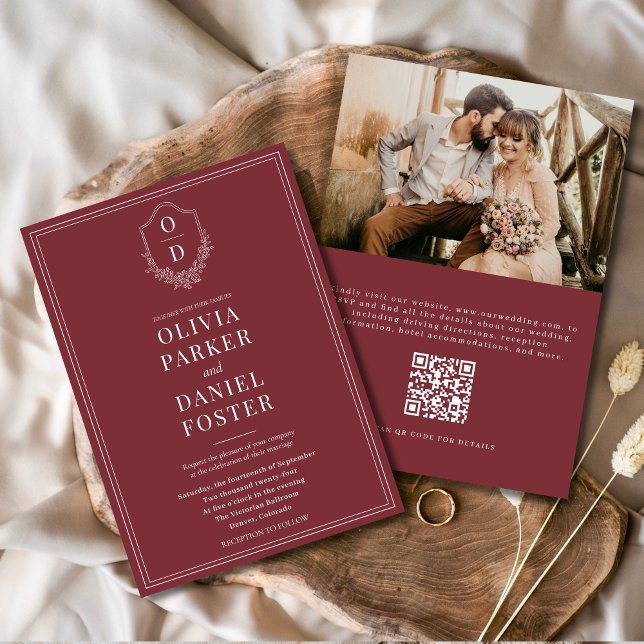 QR Code Classic Crest Photo Burgundy Wedding Invitation (Creator Uploaded)