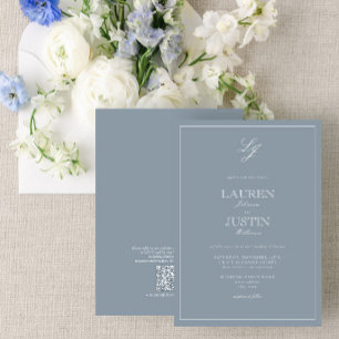 QR Code Classic Dusty Blue Script Monogram Wedding Invitation