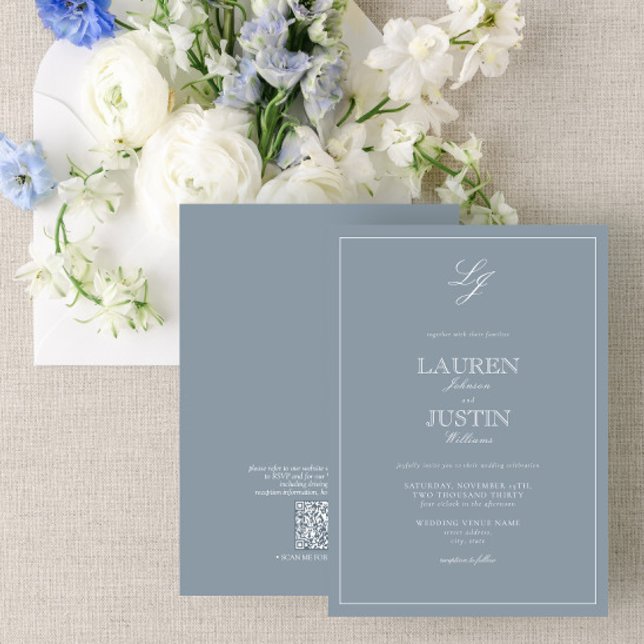QR Code Classic Dusty Blue Script Monogram Wedding Invitation (Creator Uploaded)