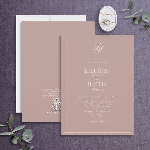 QR Code Classic Dusty Rose Script Monogram Wedding Invitation