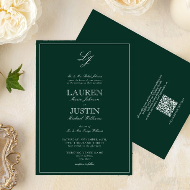 QR Code Classic Emerald Green Monogram Wedding Invitation (Creator Uploaded)