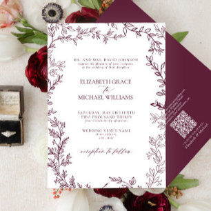 QR Code Classic Formal Burgundy Leafy Wedding Invitation