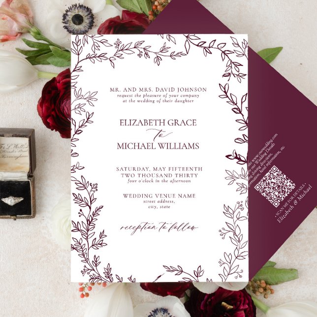 QR Code Classic Formal Burgundy Leafy Wedding Invitation (Creator Uploaded)
