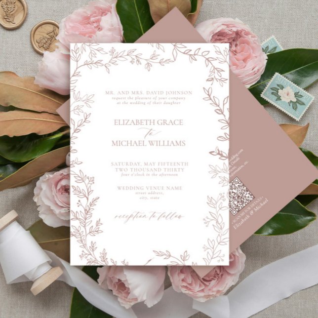 QR Code Classic Formal Elegant Dusty Rose Wedding Invitation (Creator Uploaded)