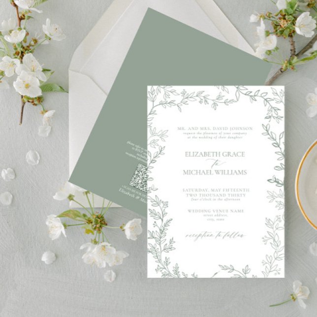 QR Code Classic Formal Elegant Sage Green Wedding Invitation (Creator Uploaded)
