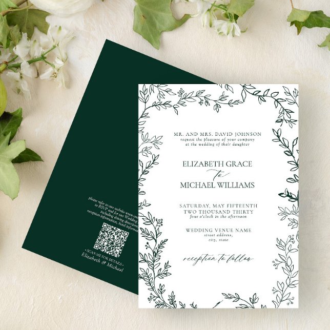 QR Code Classic Formal Emerald Green Wedding Invitation (Creator Uploaded)