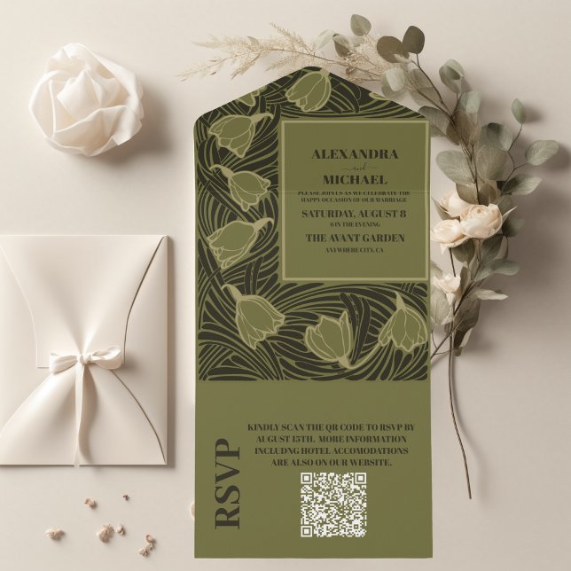 QR Code Classic Green Art Nouveau Wedding All In One Invitation (Creator Uploaded)