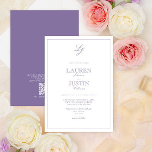 QR Code Classic Lavender Script Monogram Wedding  Invitation
