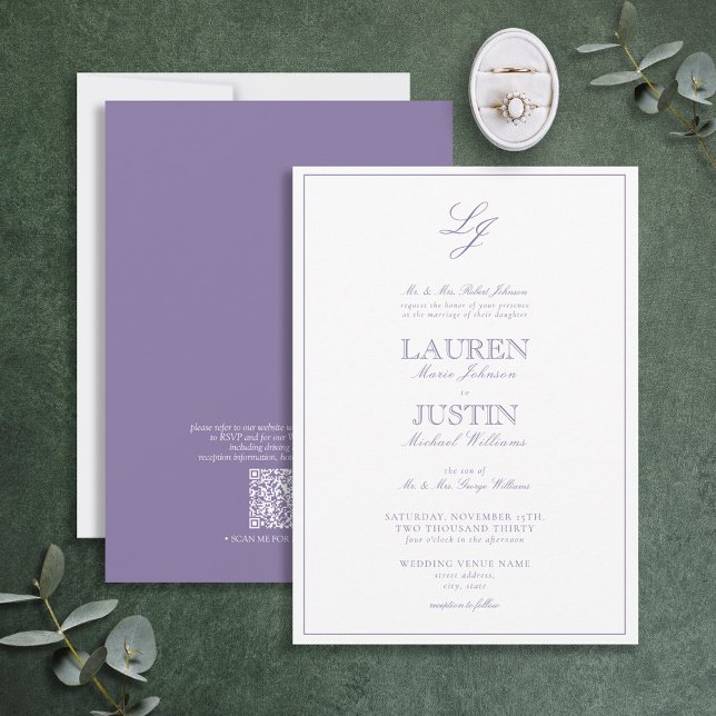 QR Code Classic Lavender Script Monogram Wedding Invitation (Creator Uploaded)