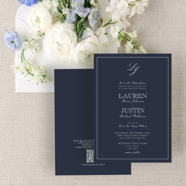 QR Code Classic Navy Blue Script Monogram Wedding  Invitation (Creator Uploaded)