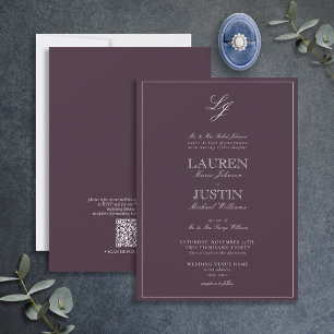 QR Code Classic Plum Purple Monogram Wedding Invit Invitation
