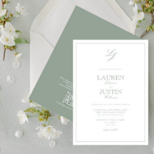 QR Code Classic Sage Green Monogram Wedding Invitation