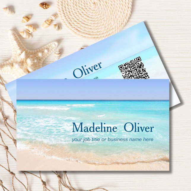 QR Code Coastal Beach Scene Travel Stylish Business Card (Creator Uploaded)