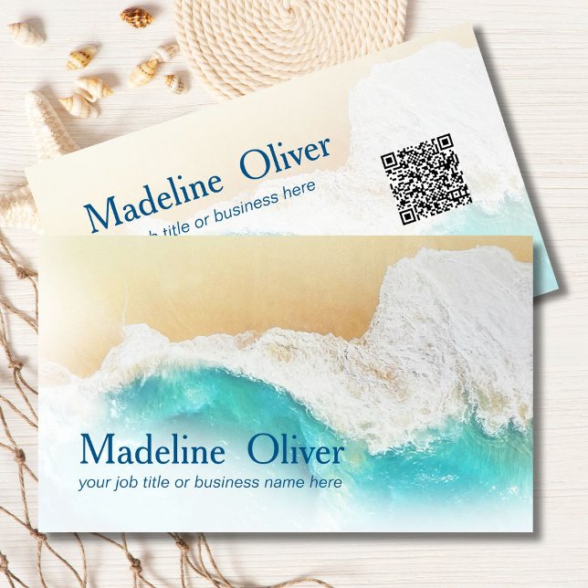 QR Code Coastal Ocean Beach Modern Watercolor Business Card (Creator Uploaded)