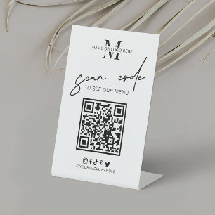 QR Code Coffee Shop Menu Minimal Black White Logo Pedestal Sign