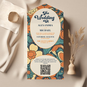 QR Code Colourful Groovy Retro 70s Floral Wedding All In One Invitation