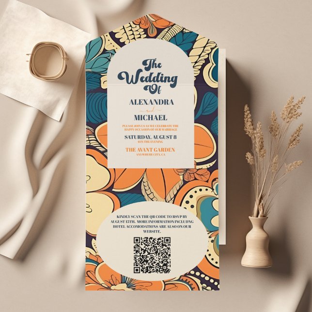 QR Code Colourful Groovy Retro 70s Floral Wedding All In One Invitation (Creator Uploaded)