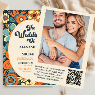 QR Code Colourful Groovy Retro 70s Floral Wedding Invitation