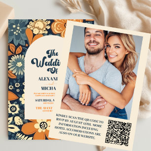 QR Code Colourful Groovy Retro 70s Floral Wedding Invitation