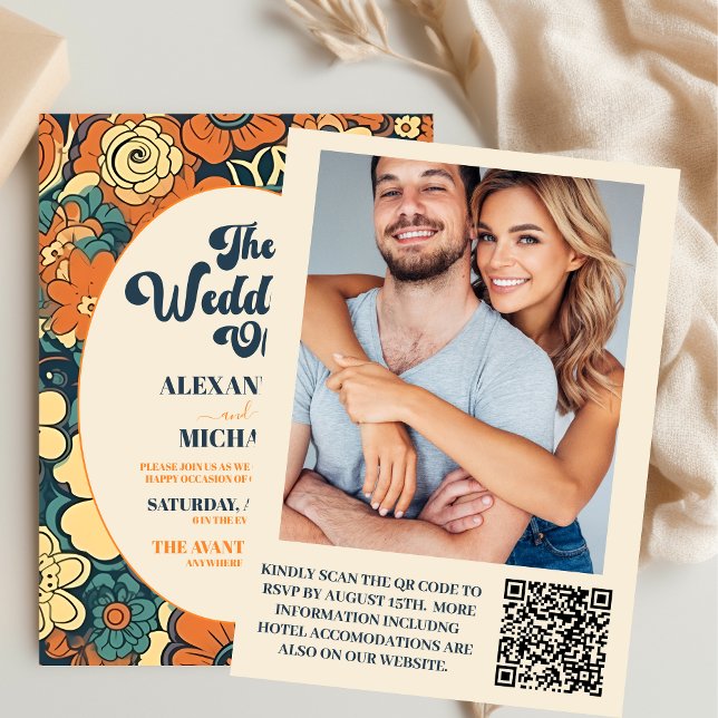 QR Code Colourful  Groovy Retro 70s Floral Wedding Invitation (Creator Uploaded)