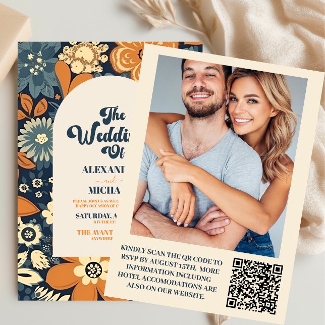QR Code Colourful  Groovy Retro 70s Floral Wedding Invitation (Creator Uploaded)