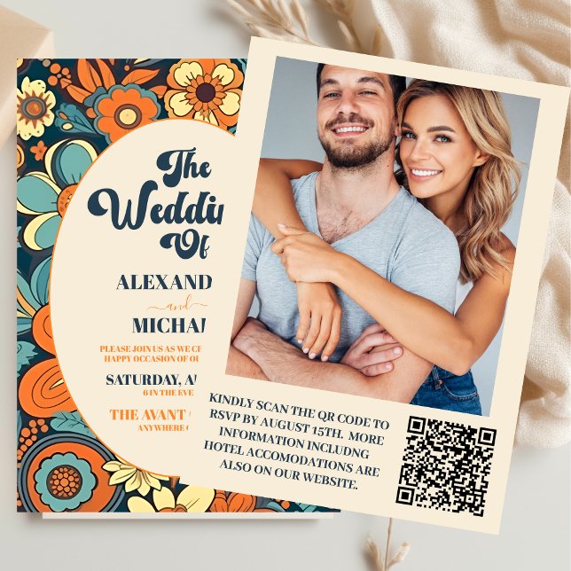 QR Code Colourful  Groovy Retro 70s Floral Wedding Invitation (Creator Uploaded)