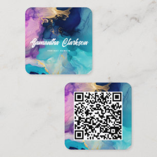 QR Code Colourful Watercolor Abstract Thick Cursiv Square Business Card