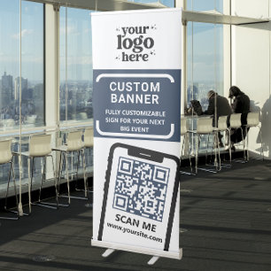 QR Code Company Logo Blue Standing Event Roll Up Retractable Banner