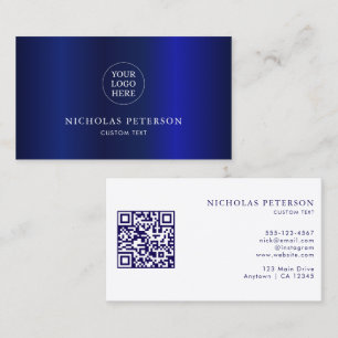 QR Code Company Logo Navy Blue Metallic Modern Business Card