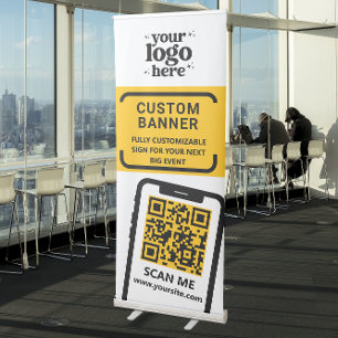 QR Code Company Logo Yellow Standing Event Roll Up Retractable Banner