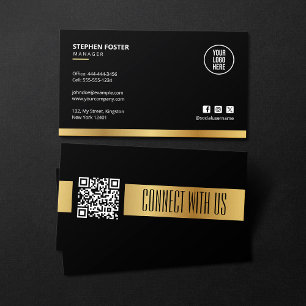 QR Code Connect With Us Social Media Black & Gold Business Card