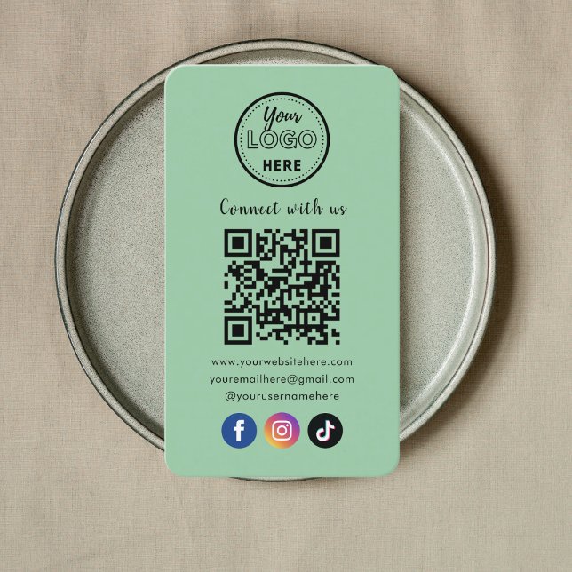 QR Code Connect With Us Social Media Mint Green Business Card (Creator Uploaded)