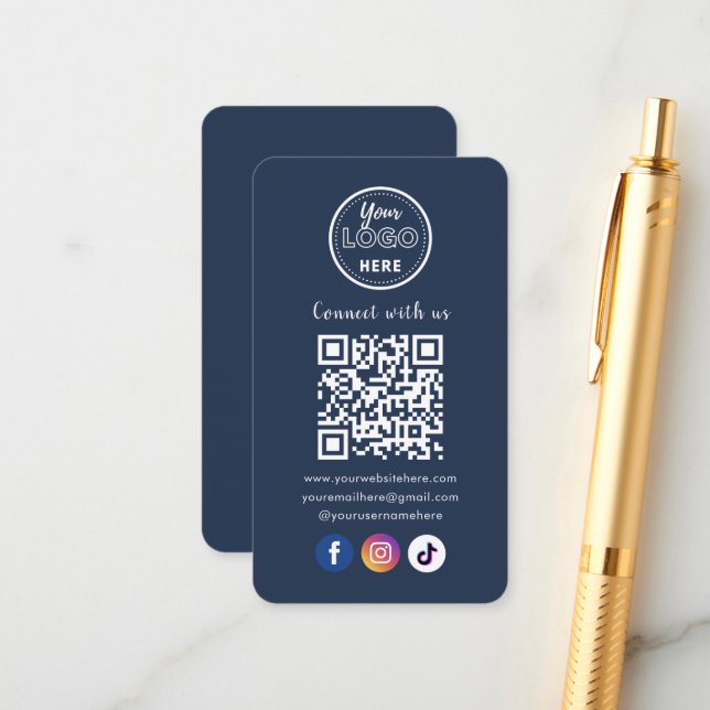 QR Code Connect With Us Social Media Navy Blue Enclosure Card (Front/Back In Situ)