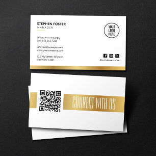 QR Code Connect With Us Social Media White & Gold Business Card